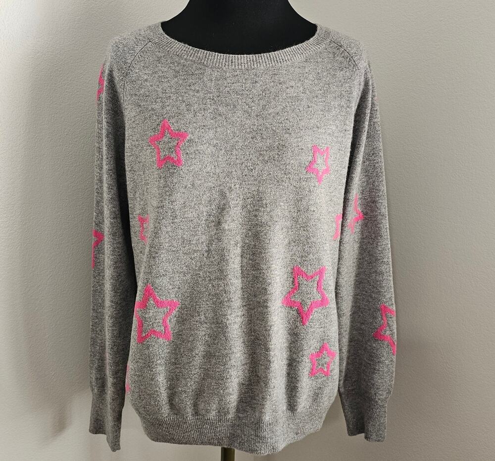 REPEAT Women's Pink Stars on Gray Crew-Neck Cozy Soft Cashmere Sweater XS 36